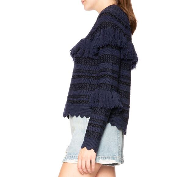 Jonathan Simkhai Tassel Fringe Knit Wool Sweater Black Blue Stripe - Picture 4 of 12